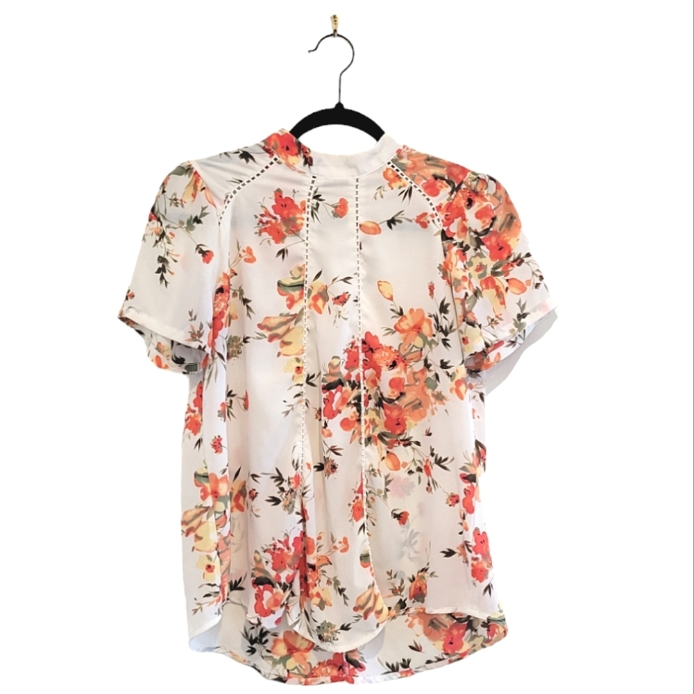 Sienna Sky Small Orange Floral Blouse Loose Mock Neck Short Sleeve Top Shirt